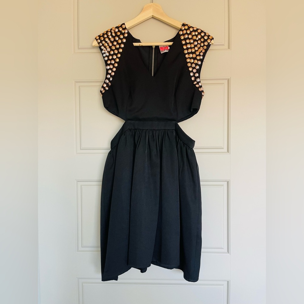 Black Cutout Dress with Rose Gold Studs